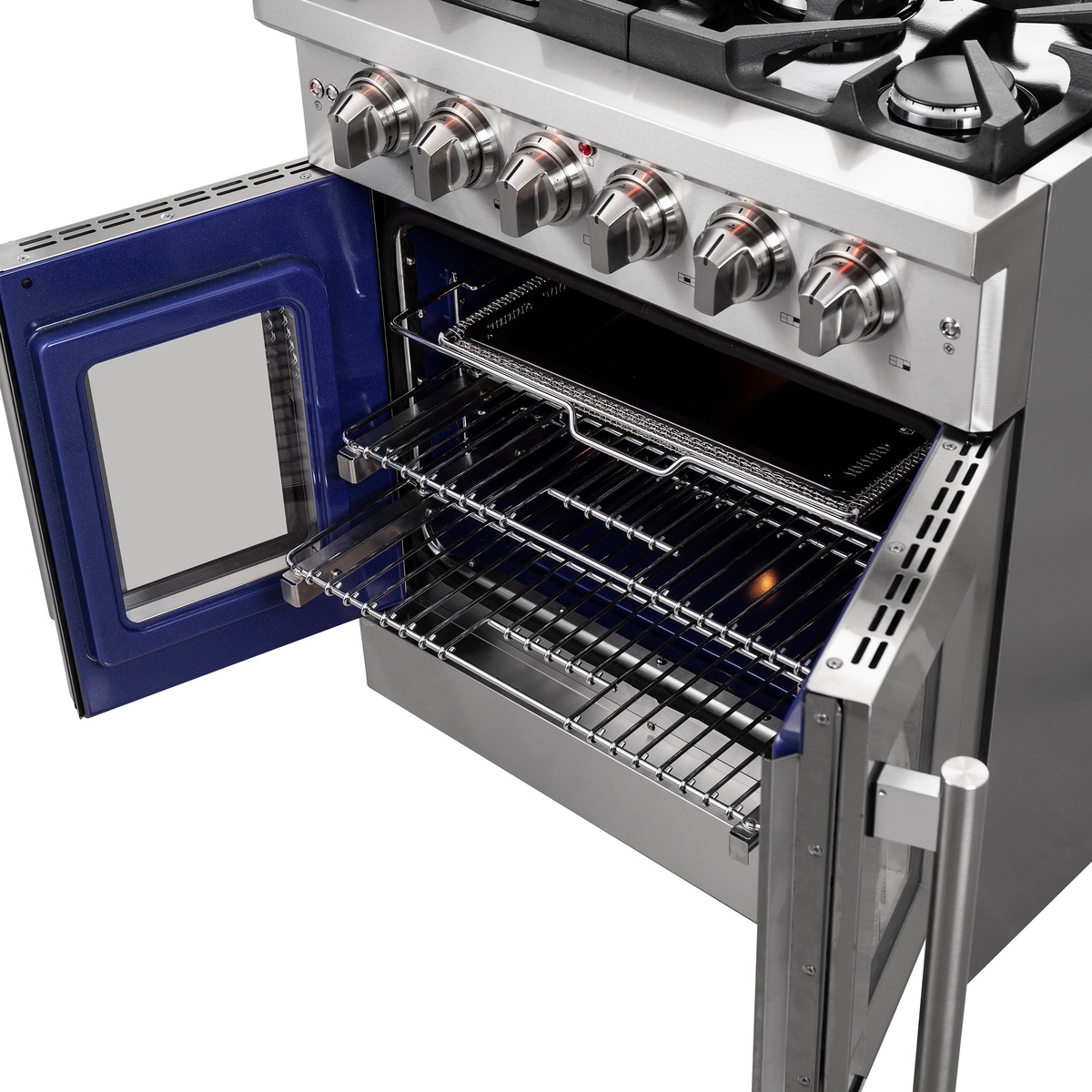 Forno Massimo gas range with French door open, revealing the speckled blue enamel interior, telescopic oven racks extended, and front control knobs visible above.