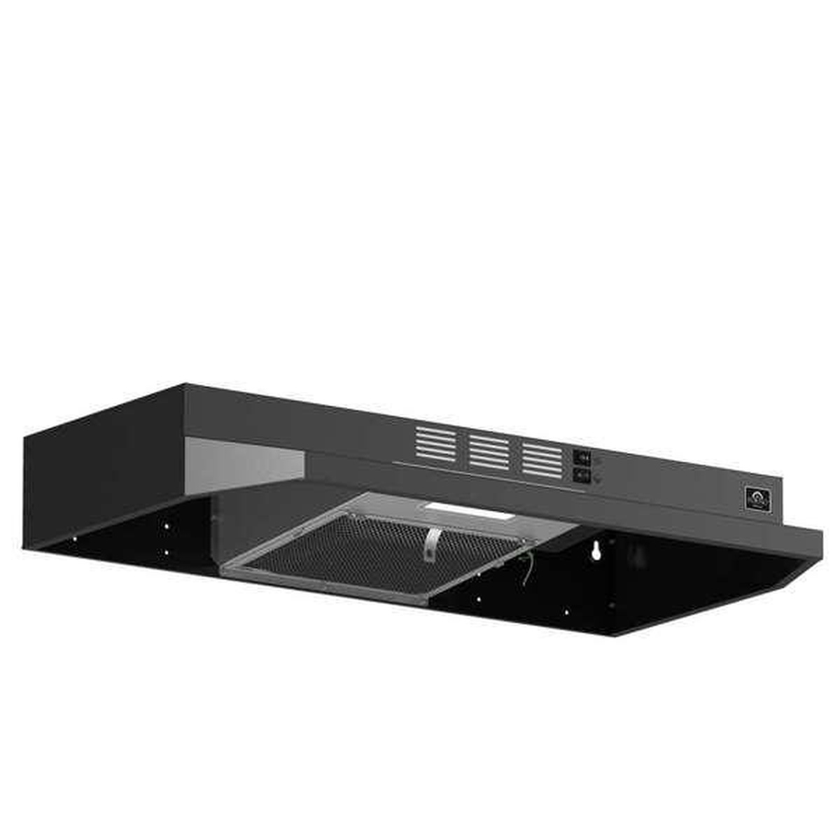 Forno Cappa FRHUC5200-30BLK angled view showing underside with removable aluminum mesh filter and control panel
