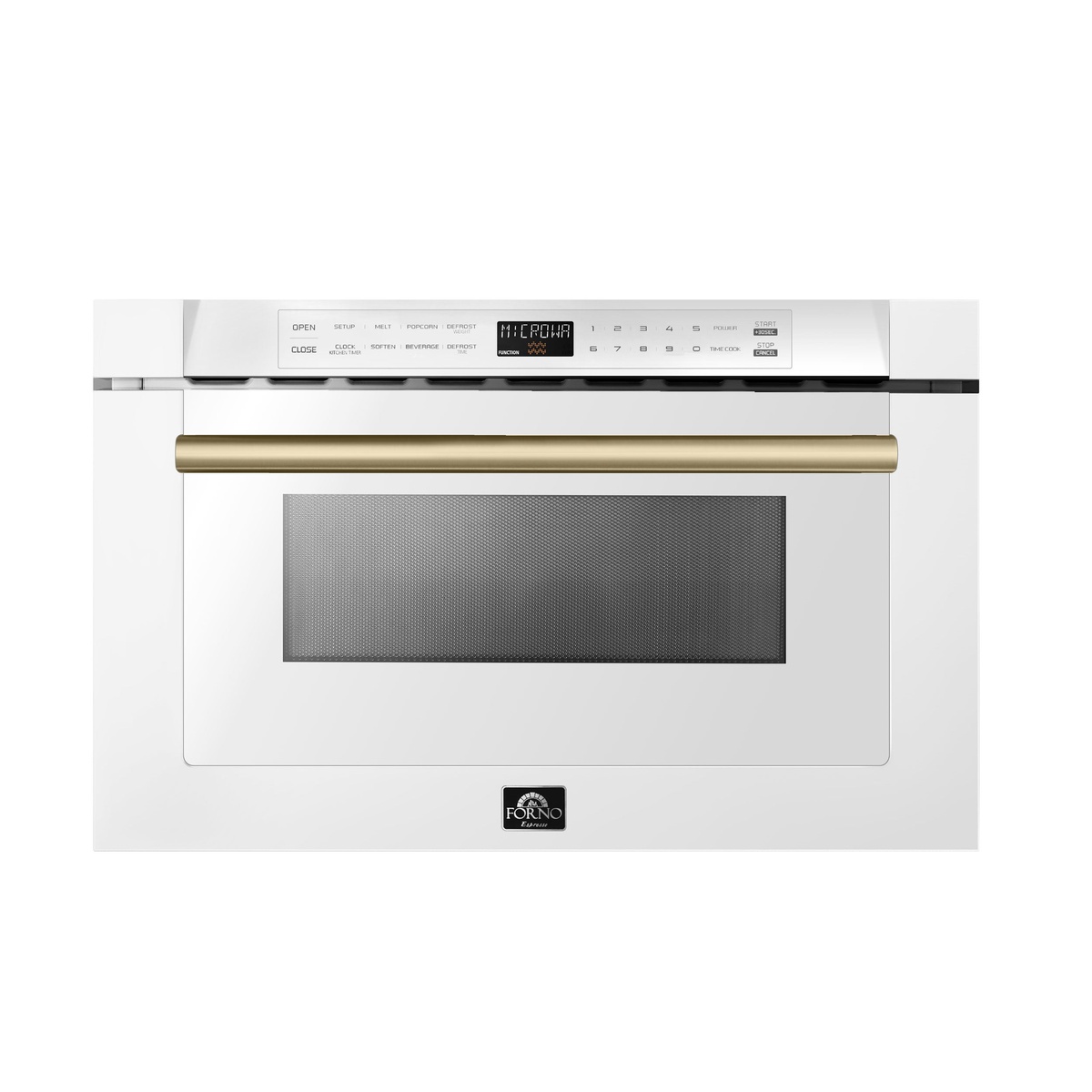 Forno FMWDR3000-24 microwave drawer front view closed, showing white steel body, antique brass handle, touch control panel with LCD display, and Forno Espresso badge