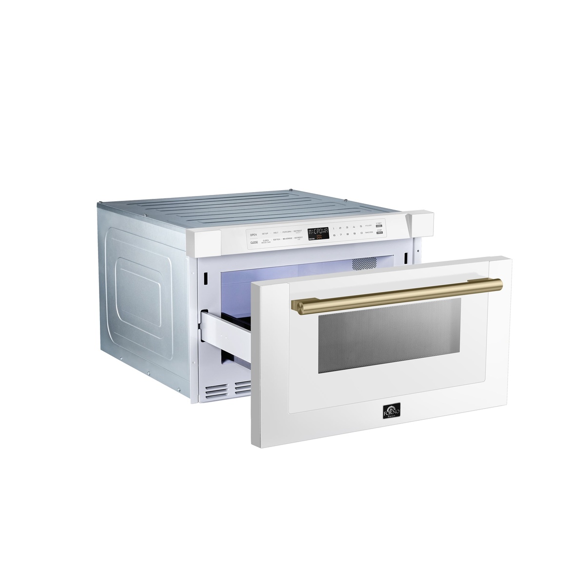 Forno FMWDR3000-24 microwave drawer pulled open at an angle, revealing the lit interior cavity with interior lighting illuminated and the antique brass drawer handle in the foreground