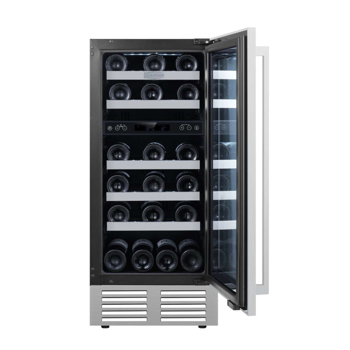 Marathon MWC28-DSS wine cooler open front view fully stocked with wine bottles on glide-out shelves, dual-zone digital display visible