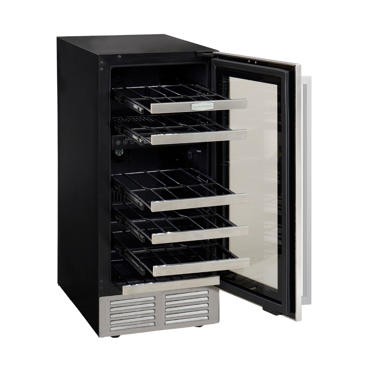 Marathon MWC28-DSS wine cooler open side view showing five glide-out ball-bearing stainless steel shelving racks inside empty interior