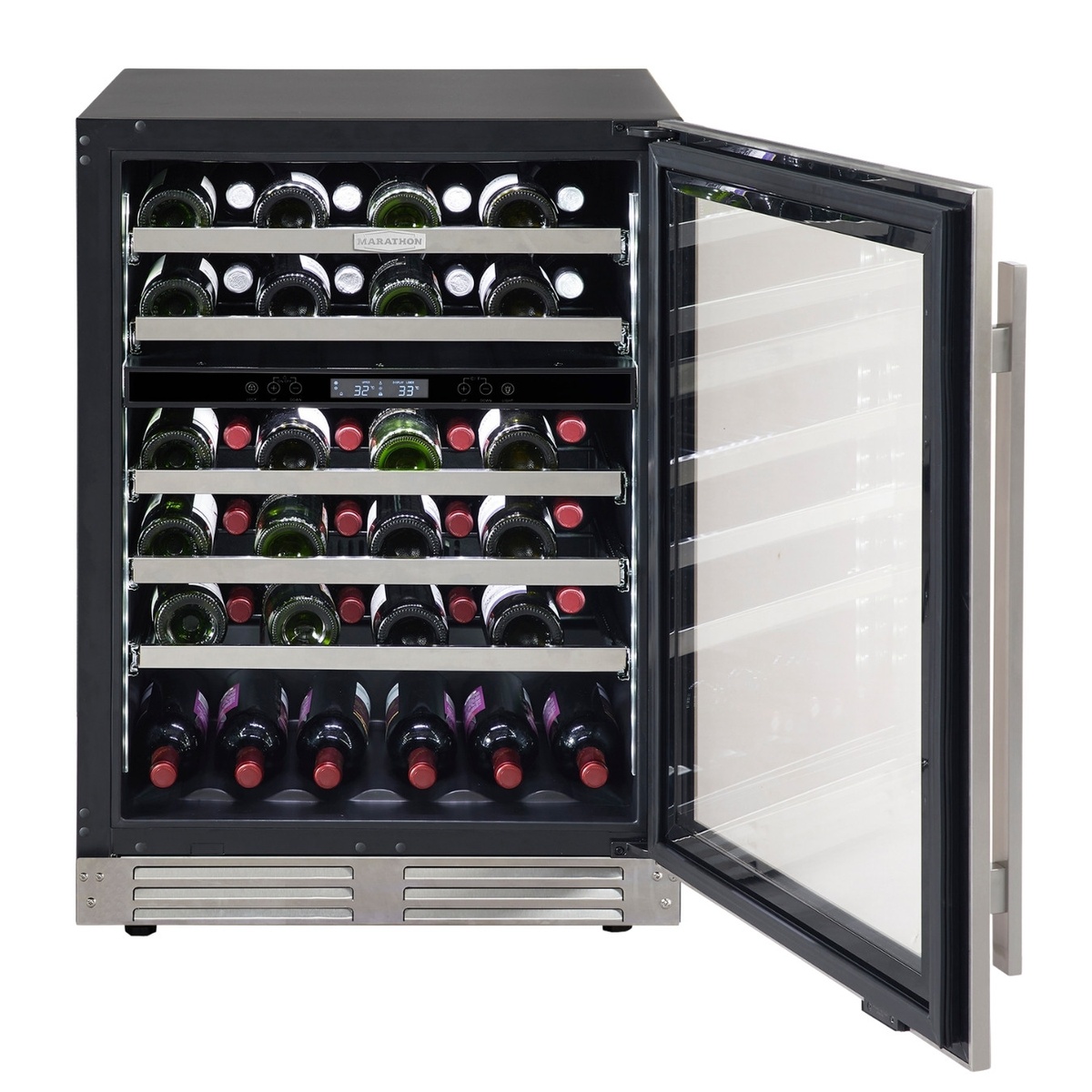 Marathon MWC56-DSS wine cooler open door with bottles stocked across multiple glide-out shelves and TFT display visible