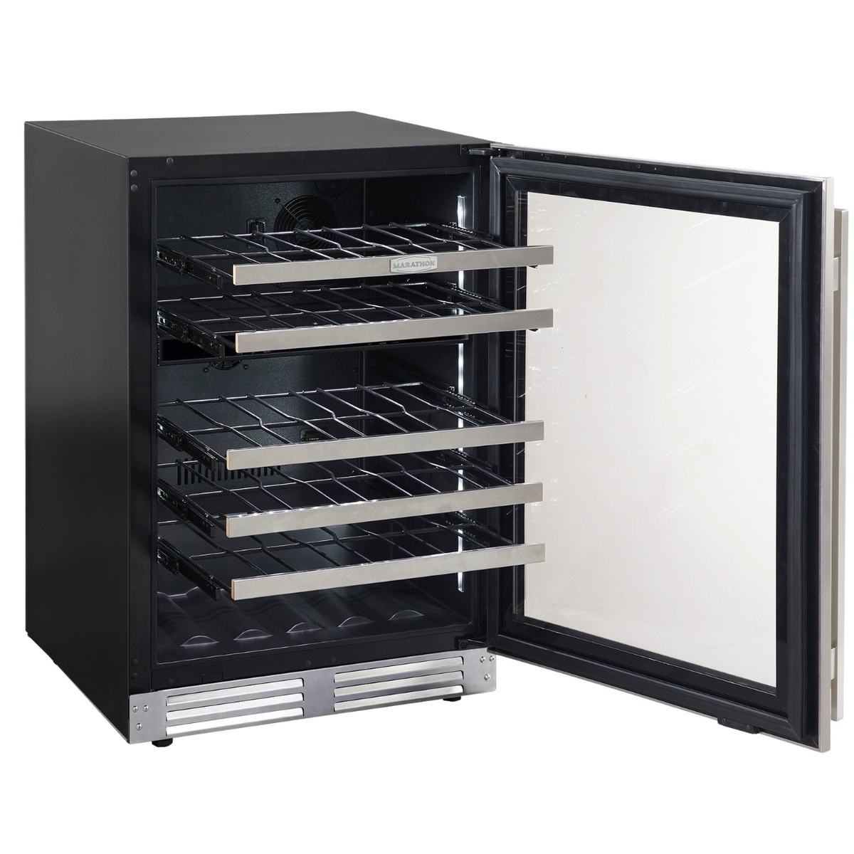 Marathon MWC56-DSS side view with door open showing five full-extension ball-bearing glide-out shelves and stainless steel handles