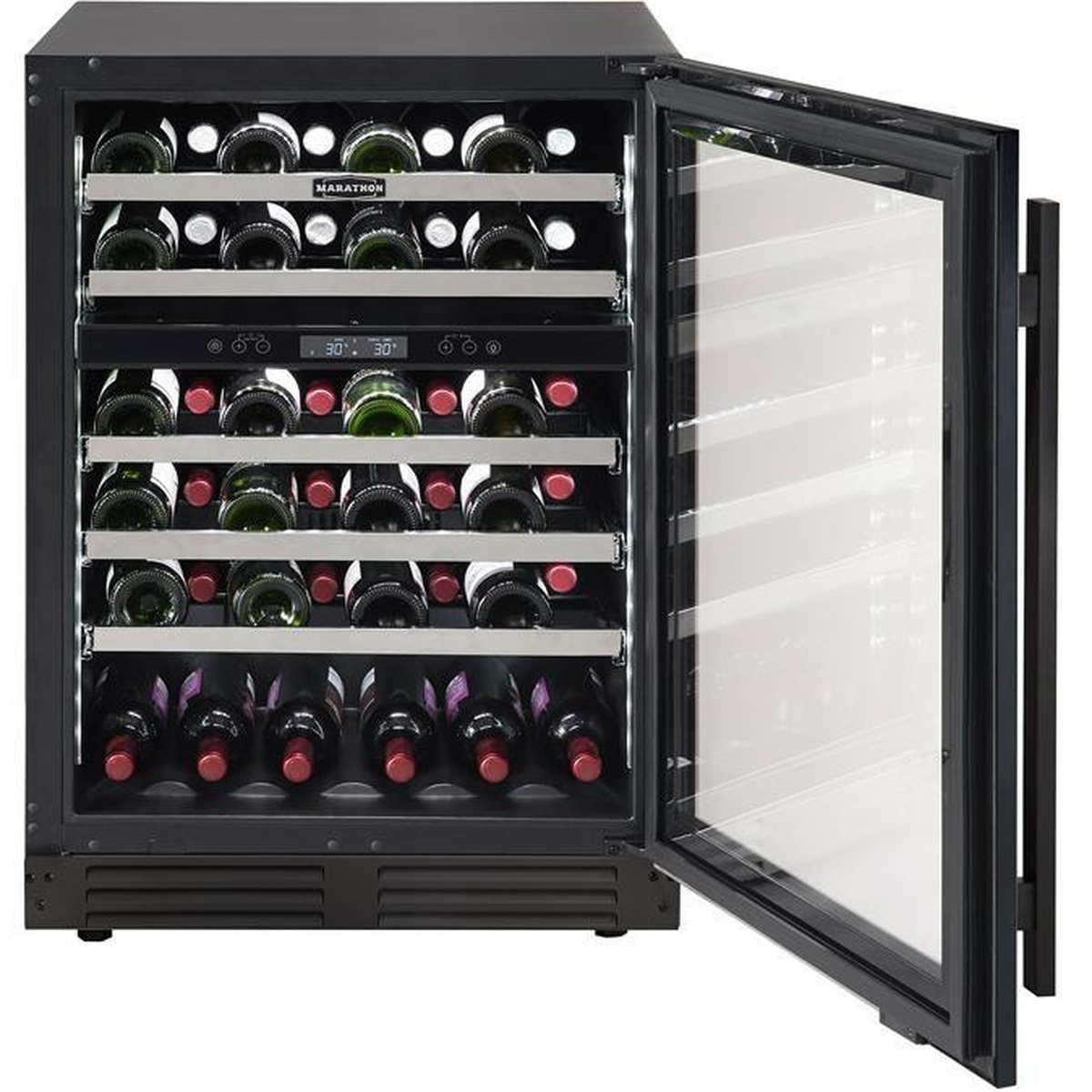 Marathon MWC56-DBLS open door showing five full-extension ball bearing shelves loaded with wine bottles and LED control panel visible