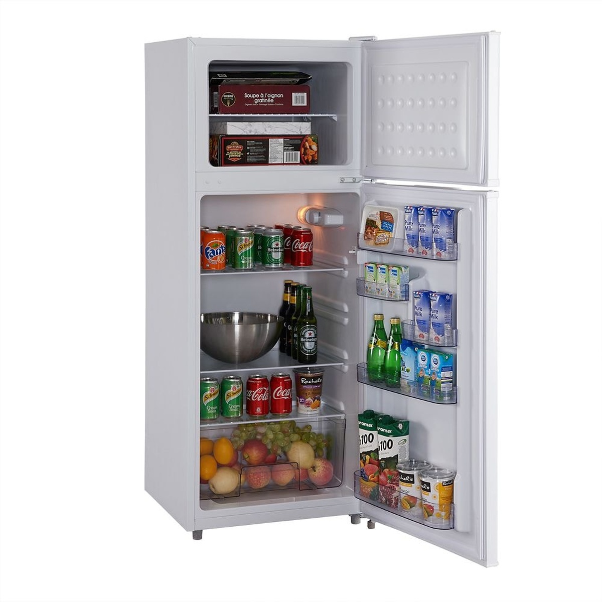 Epic ER82W-1 refrigerator open with food loaded on glass shelves and multiple door bins filled with beverages, dairy, and produce