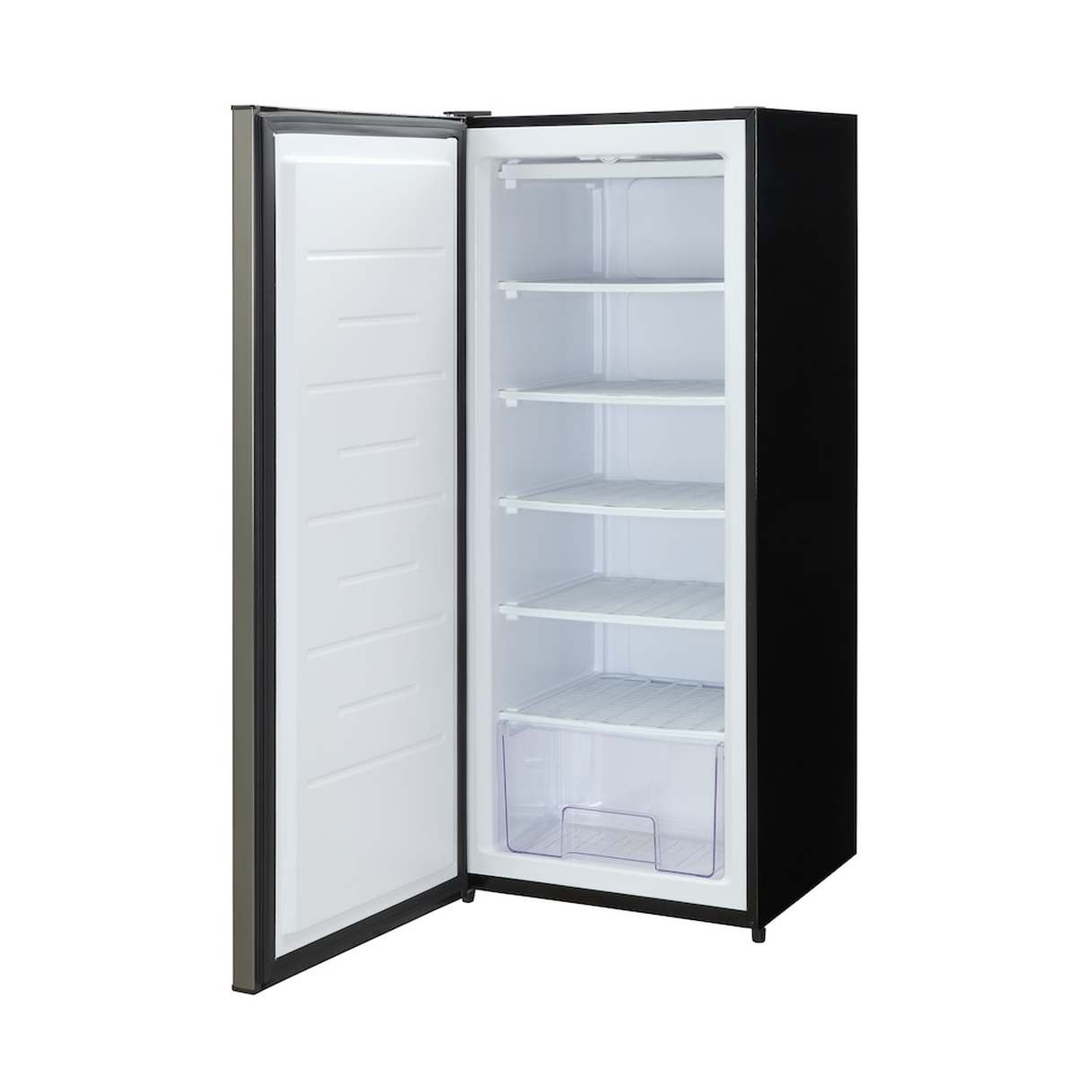 Marathon MUF65BLS upright freezer open door showing five interior shelves and a transparent bottom basket, empty interior view