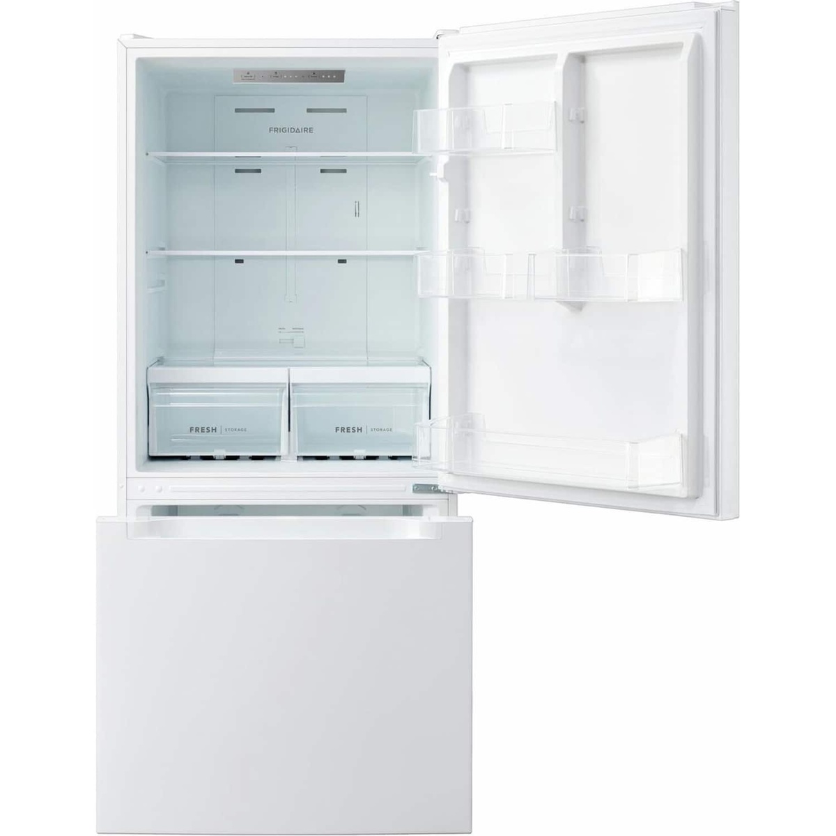 Frigidaire FRBE1925AW interior open showing adjustable glass shelves, Fresh Storage crisper drawers, multiple door bins with gallon storage, and pull-out freezer drawer below