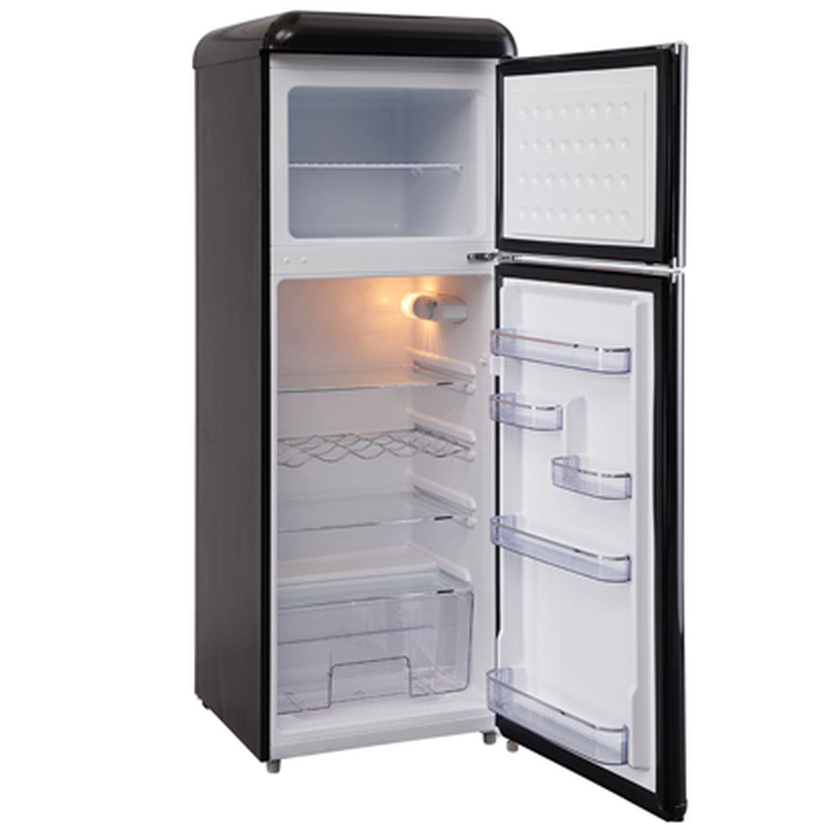 Epic ERR82BL-1 black retro refrigerator open, showing interior LED light, tempered glass shelves, crisper drawer, and multiple door bins