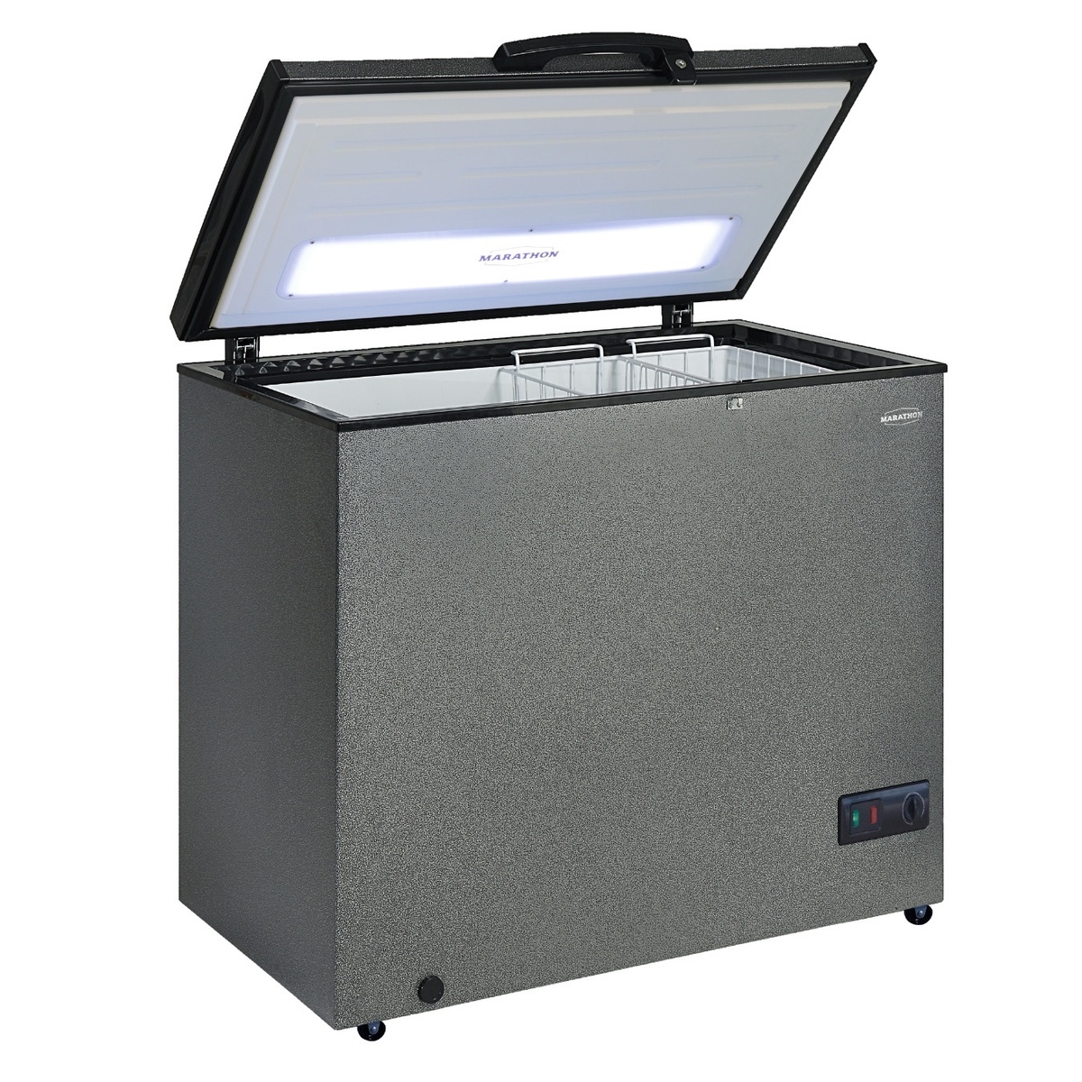 Marathon MCF701GRD chest freezer open at an angle, showing bright LED interior lighting and white wire storage baskets