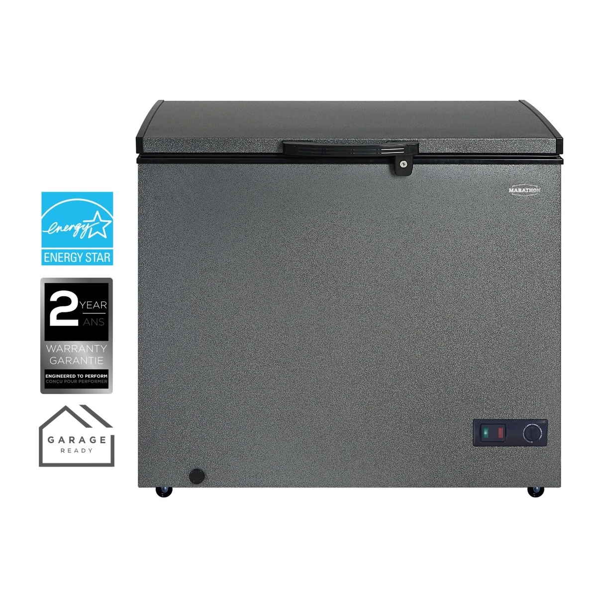 Marathon MCF701GRD chest freezer shown with Energy Star badge, 2-Year Warranty badge, and Garage Ready badge displayed beside unit