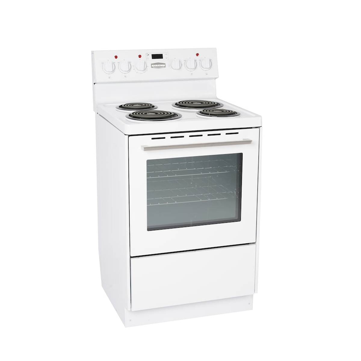 Side angle view of the Marathon MER241W-2 white 24-inch freestanding electric range showing the full profile with oven window and lower storage drawer