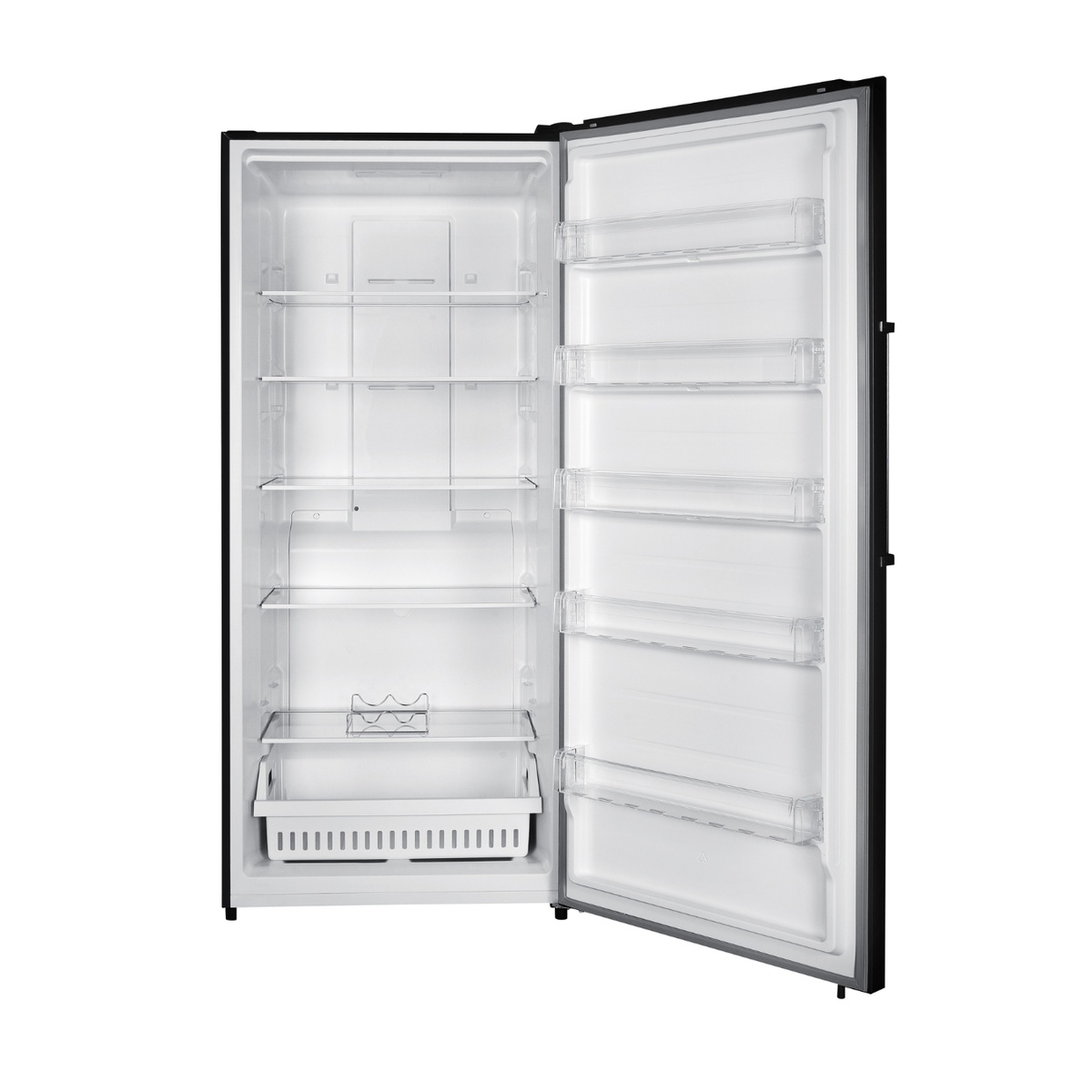 Marathon MFF212BLS open front view showing interior shelves, door bins, wine rack, and crisper drawer