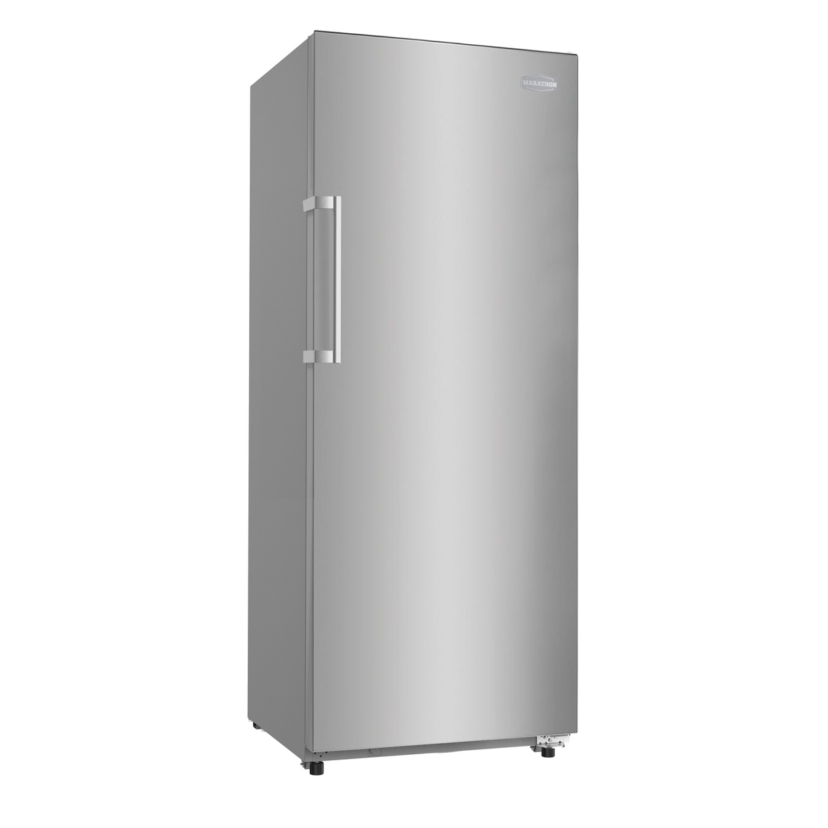 Angled exterior view of the Marathon MUF144SS stainless steel upright freezer showing the full door, handle, and stainless finish