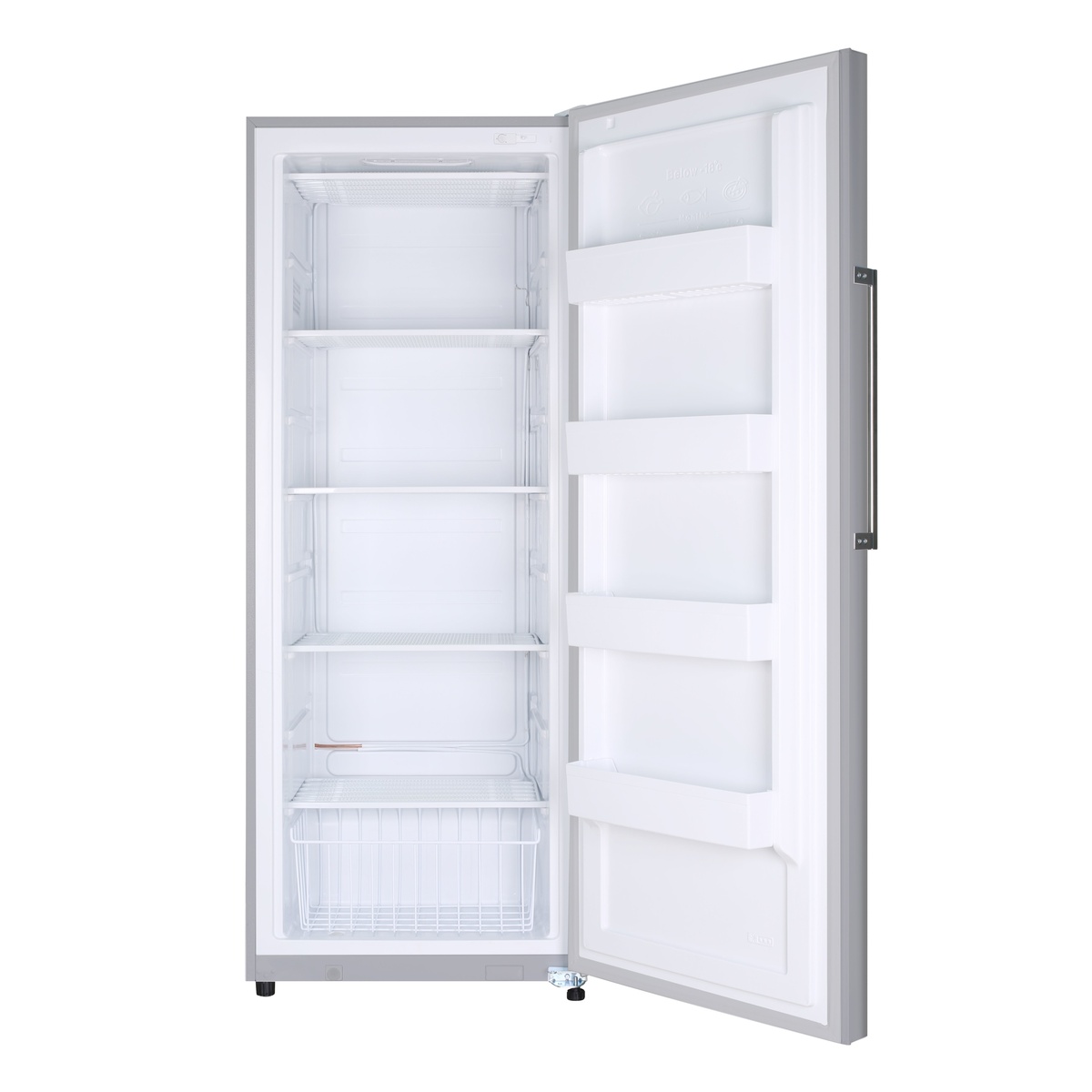 Interior view of the Marathon MUF144SS upright freezer with the door open, showing four full-width wire shelves, five door rails, and a wire basket at the bottom