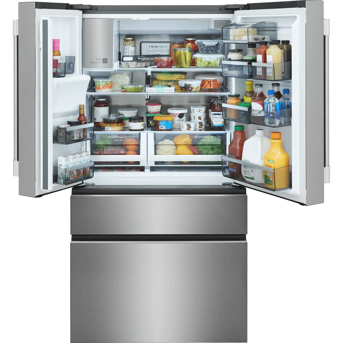 Frigidaire Professional PRMC2290BF open interior fully loaded with groceries, showing CrispSeal Fresh crispers, adjustable shelves, door bins, and ice maker