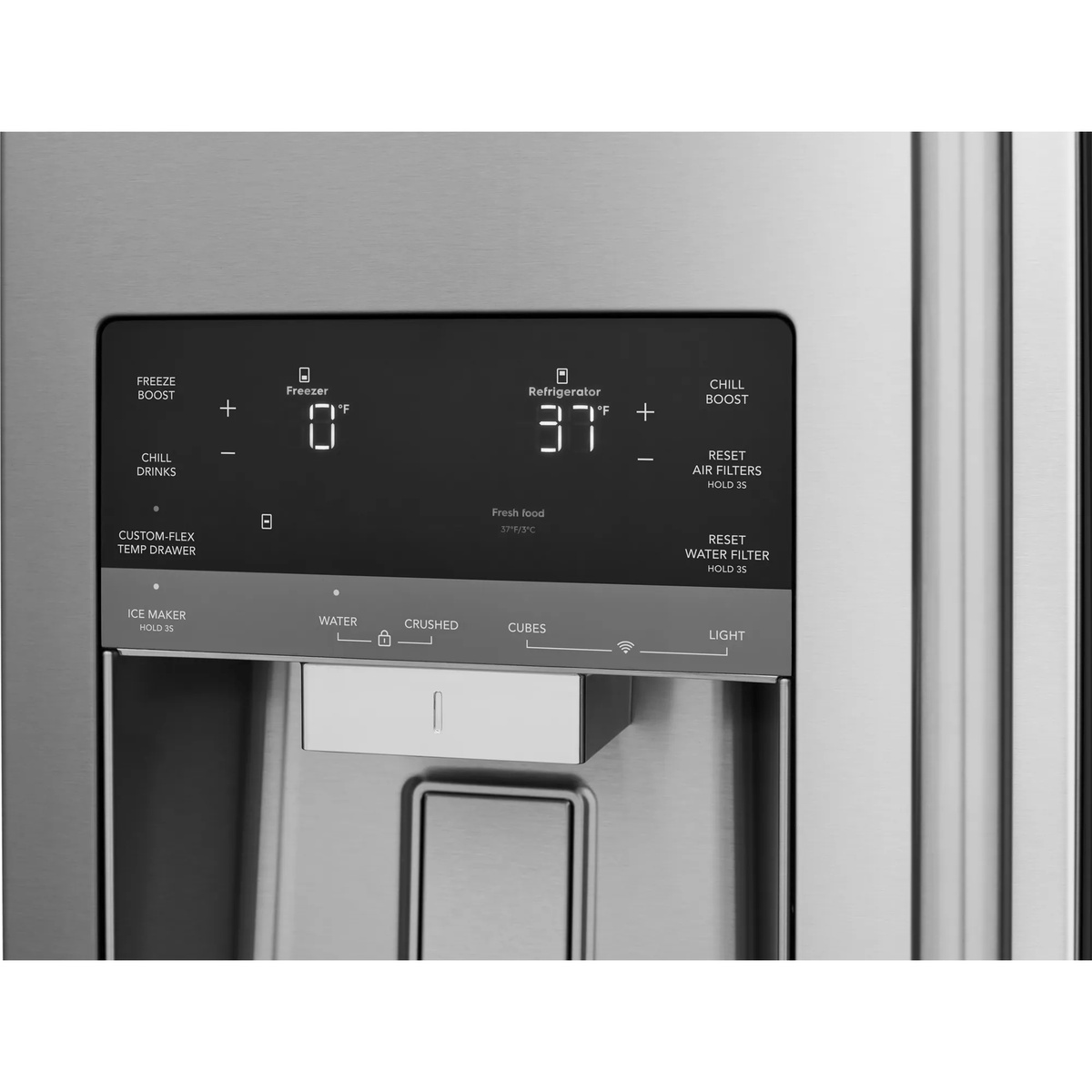 Close-up of the PRMC2290BF dispenser control panel showing digital temperature display for freezer and refrigerator, ice and water dispenser controls, Custom-Flex Temp Drawer setting, and Wi-Fi indicator