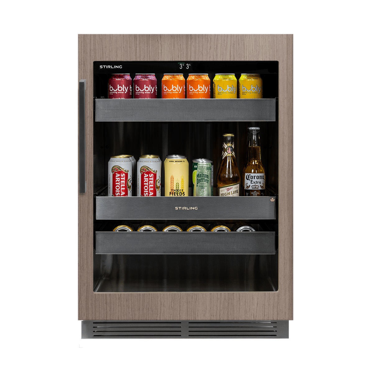 Front view of Stirling S4-100PANR beverage cooler with panel-ready wood door, stocked with cans and bottles on three adjustable shelves