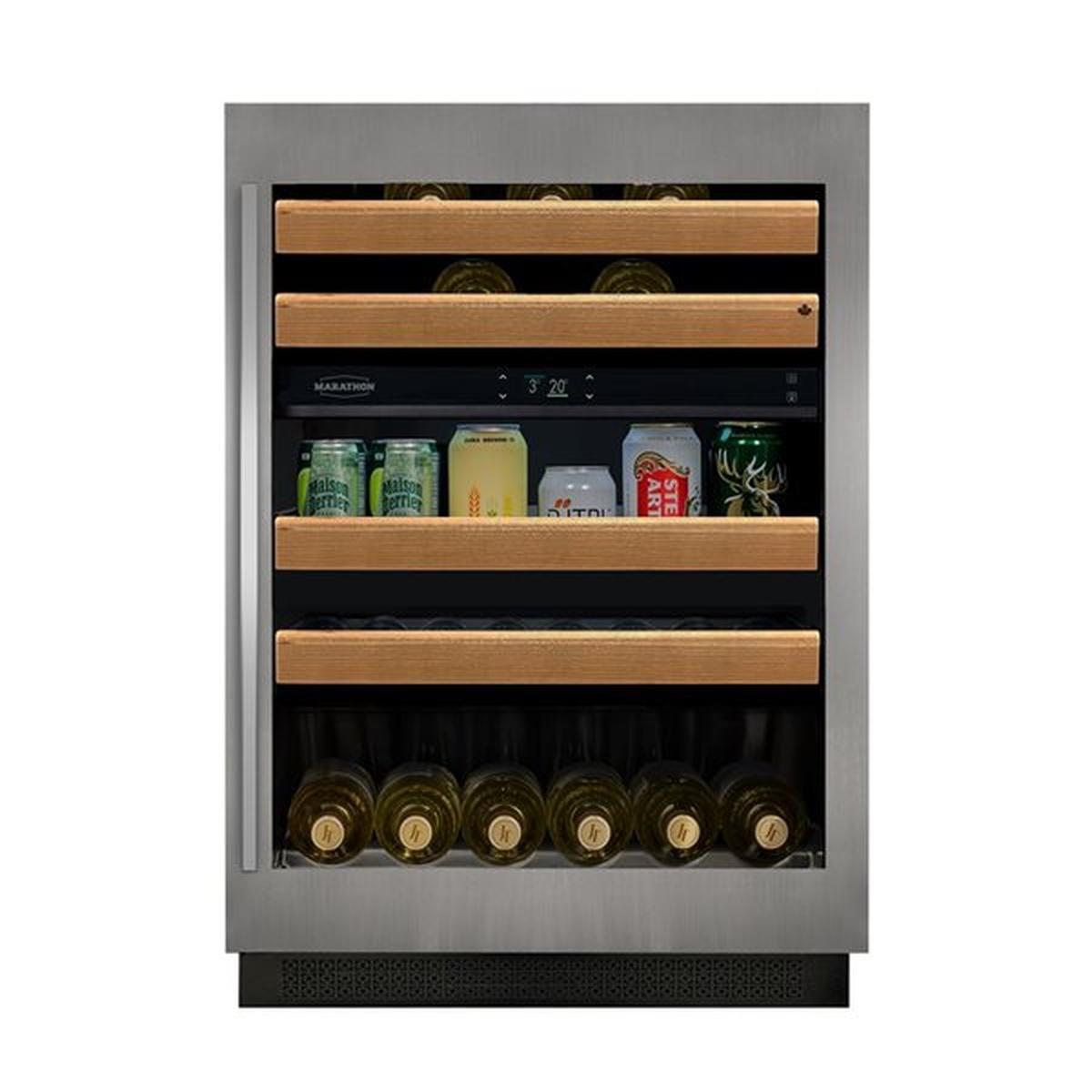 Marathon M4-D251SS dual zone wine and beverage cooler front view showing upper wood-trimmed wine racks with bottles and lower shelves holding canned beverages
