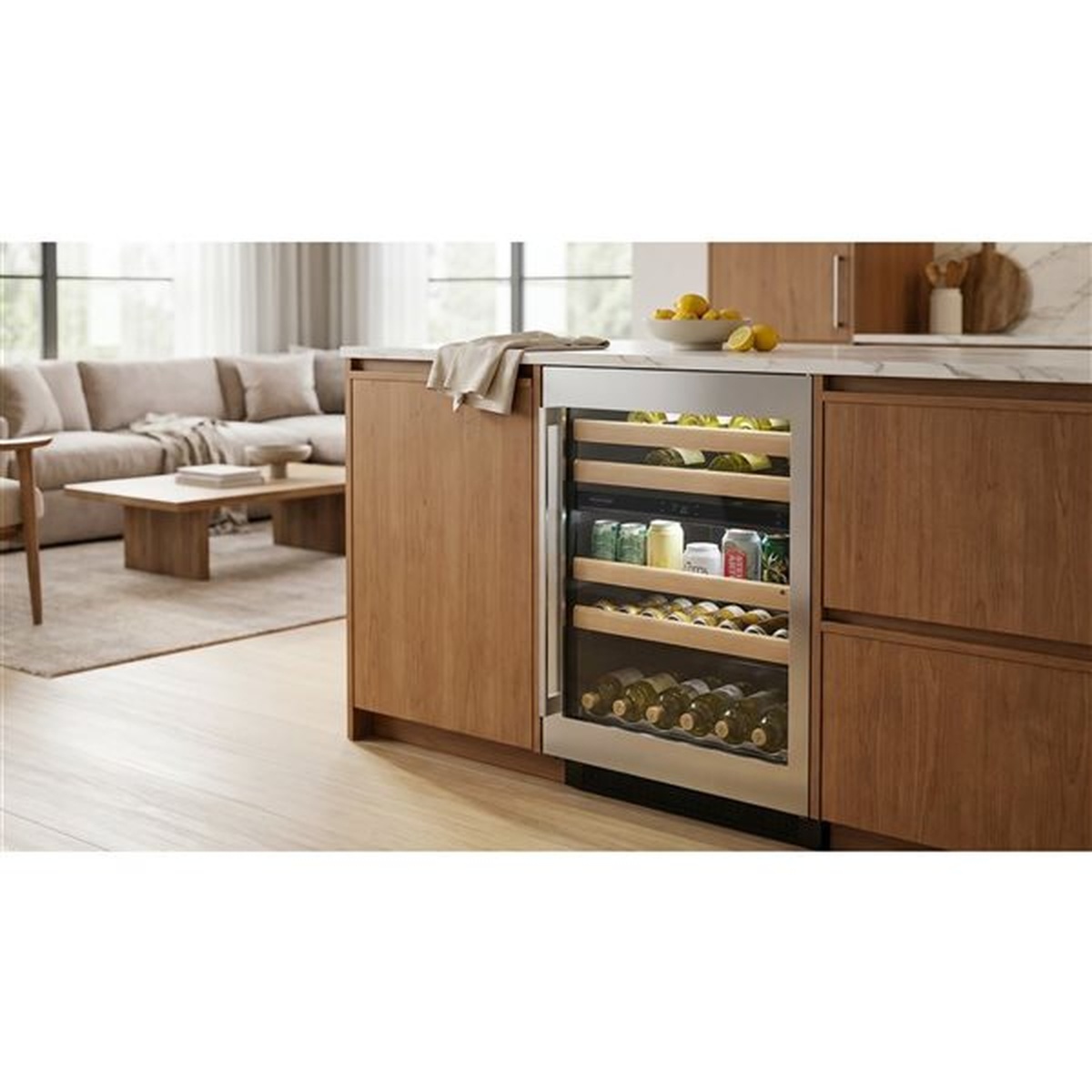 Marathon M4-D251SS wine and beverage cooler built flush into a modern wood kitchen island with wine bottles and canned beverages visible through the glass door