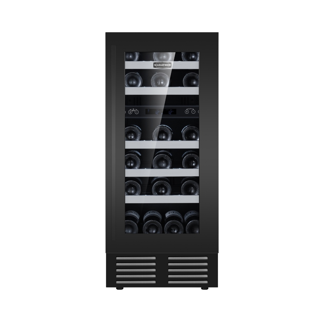 Marathon MWC28-DBLS Black Steel wine cooler closed and fully stocked with wine bottles, showing the glass door, dual-zone touch controls, and front ventilation grille