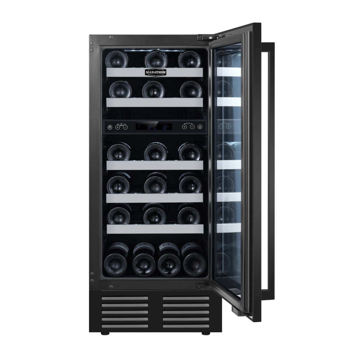 Marathon MWC28-DBLS wine cooler with door open showing five full-extension ball-bearing shelves stocked with wine bottles and the dual-zone TFT touch control panel visible in the center