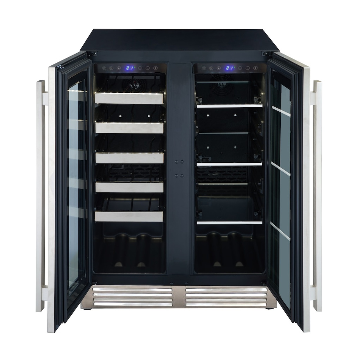 Marathon MBWC56-FDSS interior open view showing LED digital control panels, ball bearing shelves, and dual compartment layout