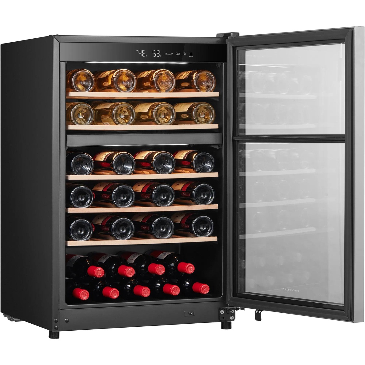 Frigidaire FRWE4626AS wine cooler with door open, showing five natural wood shelves loaded with red and white wine bottles and the LED digital display at top