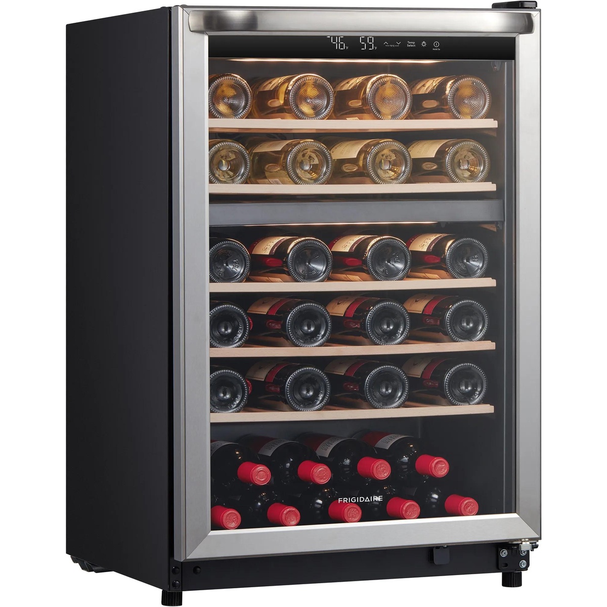 Frigidaire FRWE4626AS wine cooler shown at a three-quarter angle, displaying the stainless steel frame, tinted glass door, and wine bottles on wood shelves inside