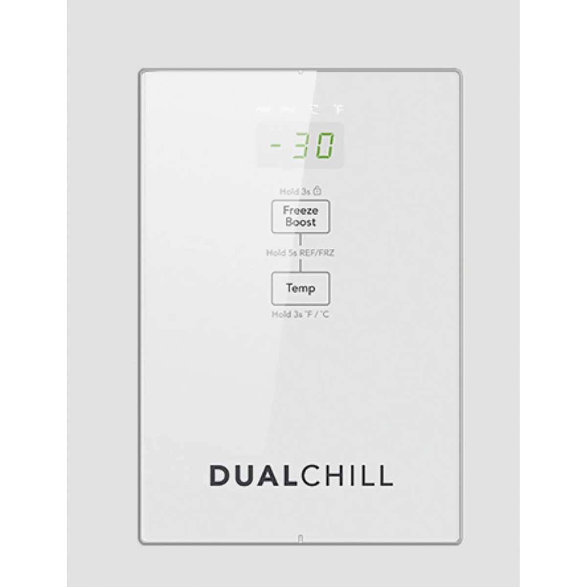 Close-up of the FFCL1562AW DualChill external control panel showing the digital temperature display, Freeze Boost button, and Temp button