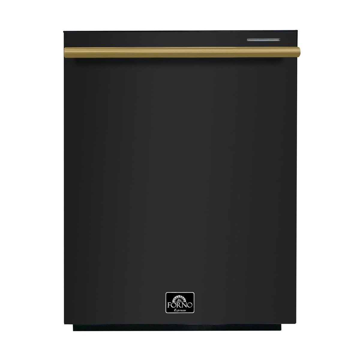 Forno Espresso Pozzo dishwasher front view in matte black with antique brass pro-style handle and Forno Espresso badge