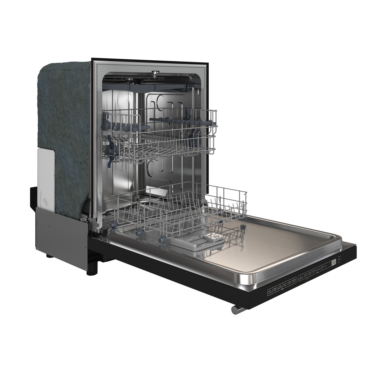 Forno Espresso Pozzo FDWBI8067-24BLK dishwasher open at a 45-degree angle showing three interior racks, stainless steel tub, and side insulation panels