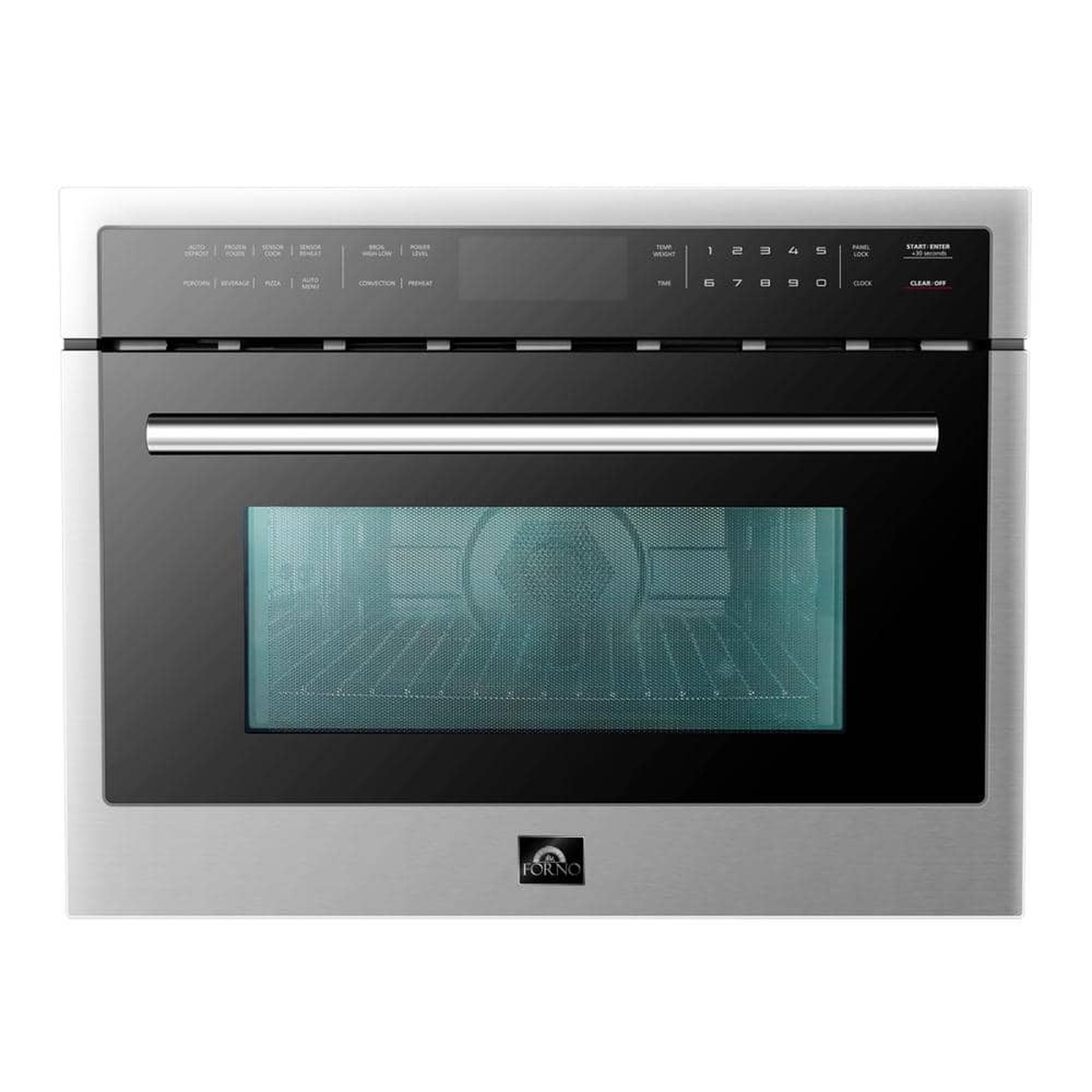 Forno FMWDR3093-24 front view showing the full touch control panel with labeled function keys, numeric keypad, LCD display, and stainless steel frame