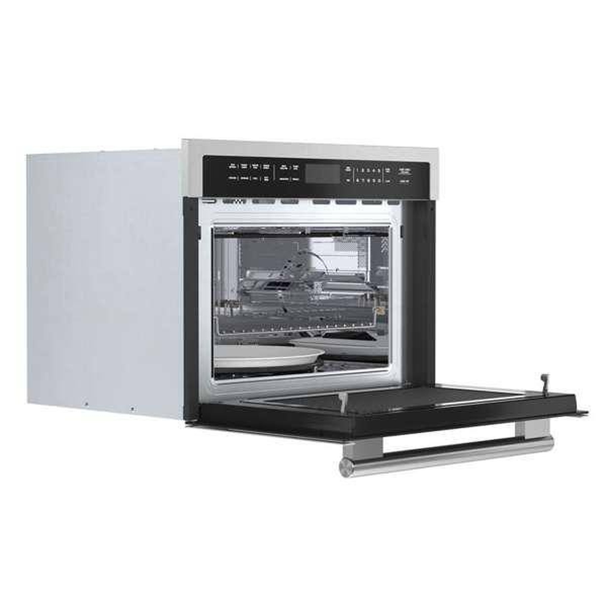 Forno FMWDR3093-24 with door open showing interior cavity, reversible wire rack, and ceramic turntable plate in stainless steel housing