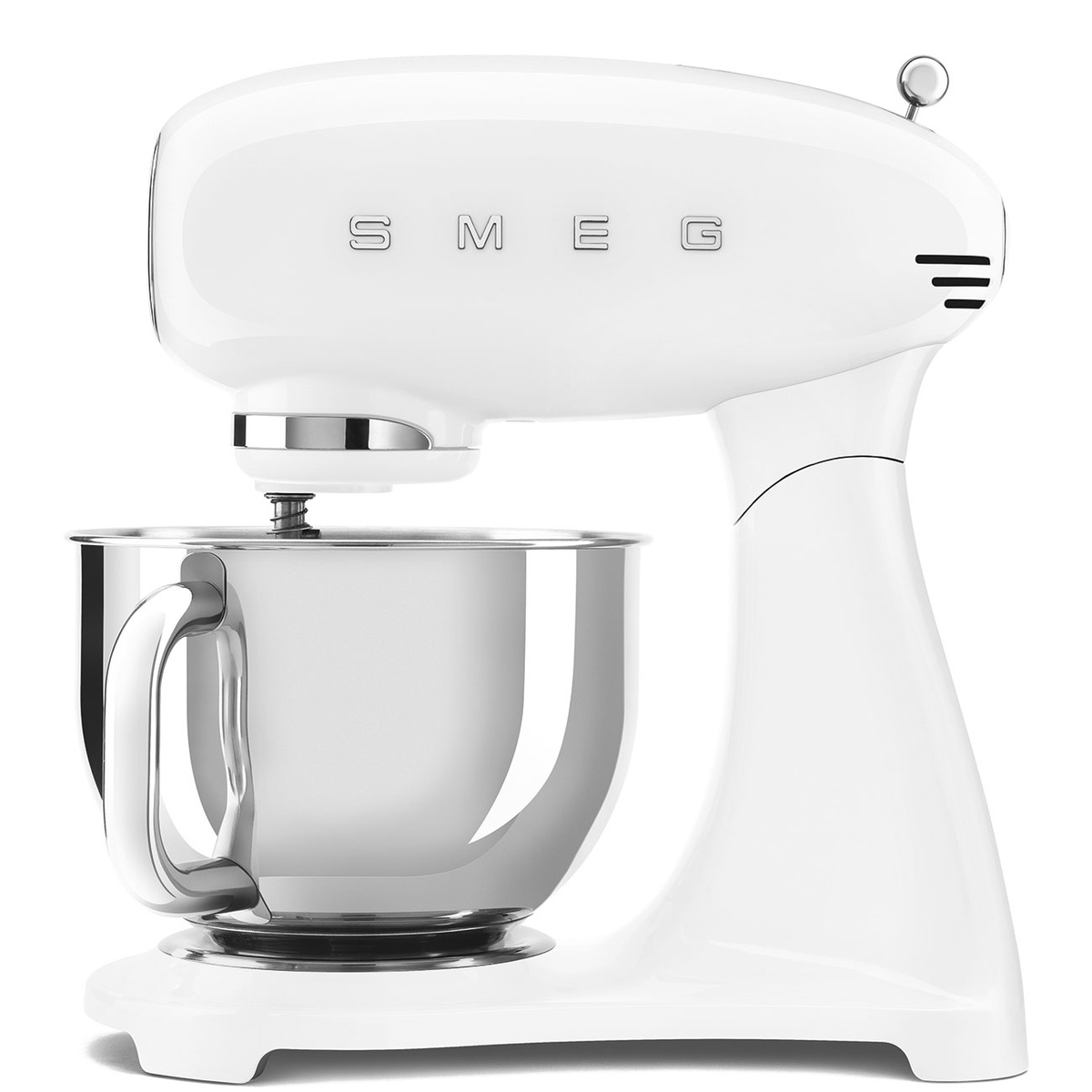 Smeg SMF05WHUS glossy white stand mixer with stainless steel bowl and chrome accents on white background