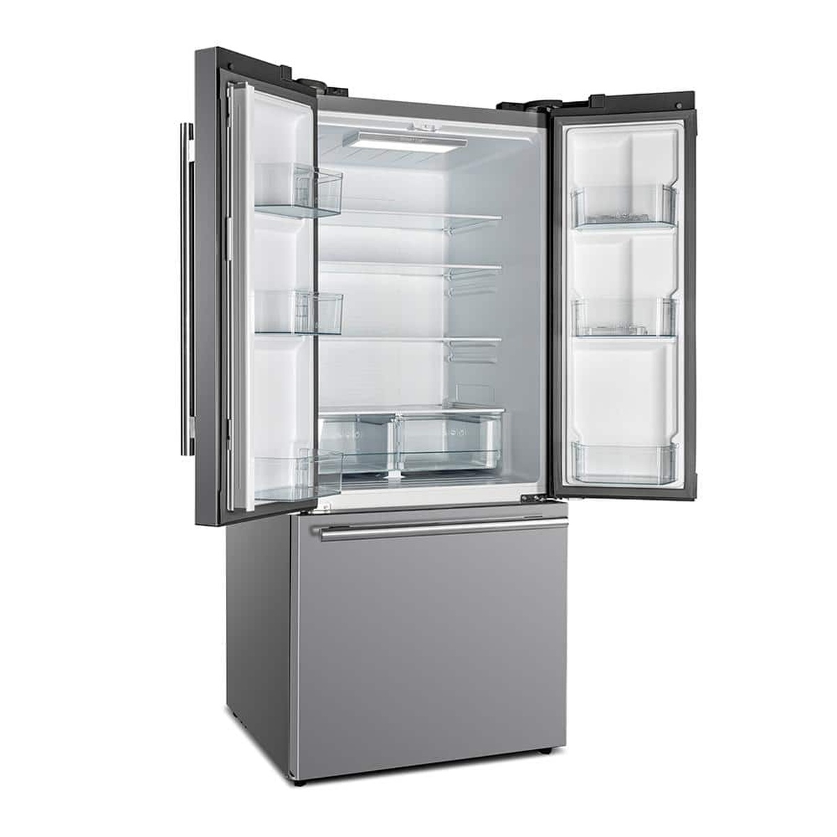 Forno FFFD1974-31SB French door refrigerator open, showing interior glass shelves, multiple door bins, crisper drawers, and LED lighting