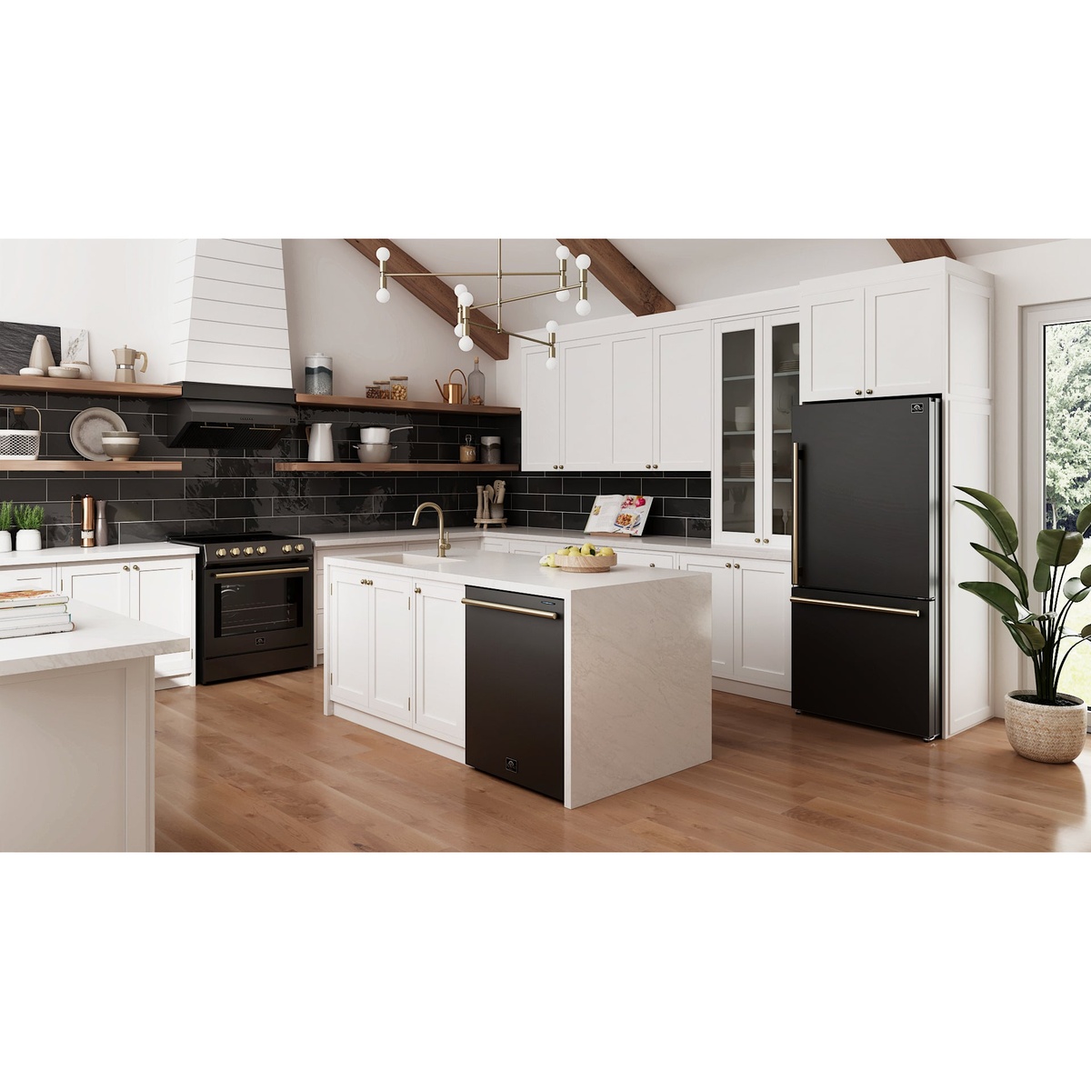 Forno Leonardo black induction range installed in a modern white kitchen alongside matching Forno black dishwasher and refrigerator, all with coordinated gold accent hardware