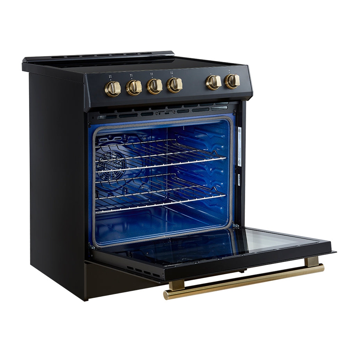 Forno Leonardo 30-inch black induction range with oven door open, revealing a speckled blue enamel interior, rear convection fan, two adjustable wire racks, and gold-tone front knobs