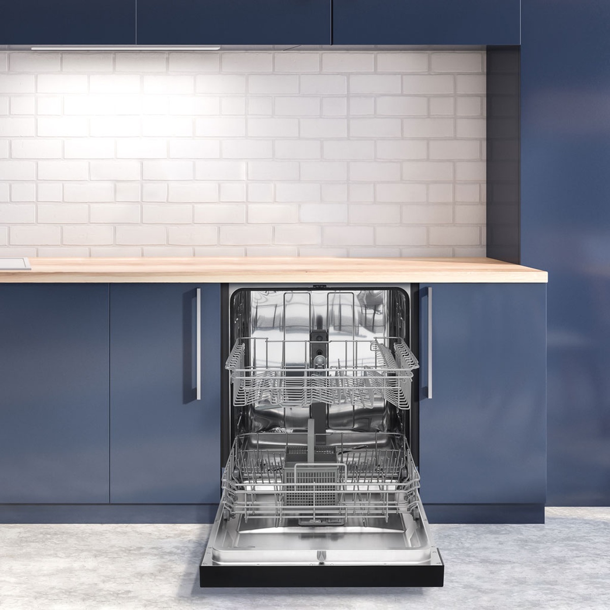 Danby DDW2404EBSS built-in dishwasher open showing upper and lower wire racks installed under a butcher block countertop in a blue kitchen
