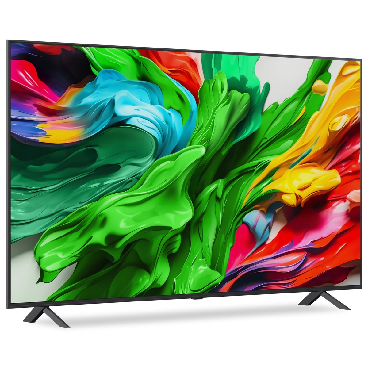 LG QNED85 65-inch TV shown at an angle with a vivid multi-colour abstract image displayed on screen