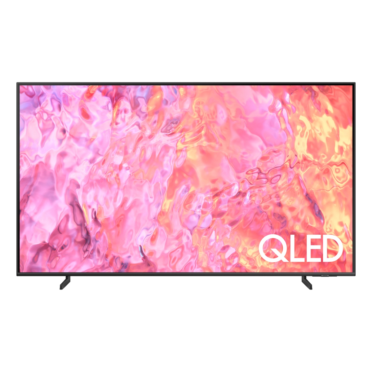 Samsung Q60C QLED TV front view in Titanium Gray displaying vivid pink and orange color art