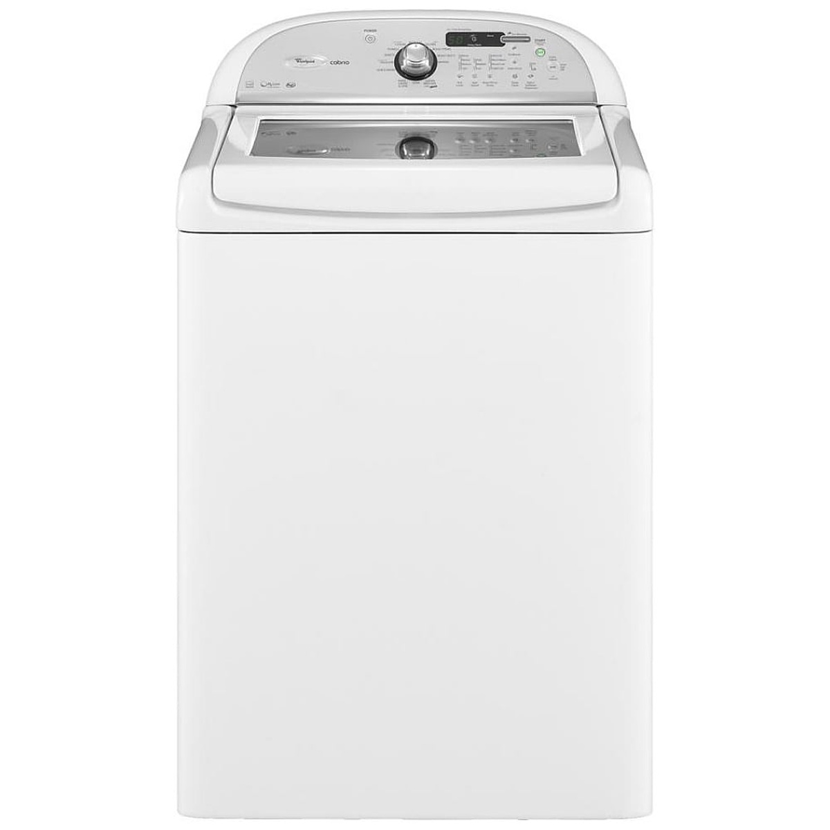 Whirlpool Cabrio WTW7600XW2 white top-load washer front view showing full control panel, cycle selector dial, and see-through tempered glass lid