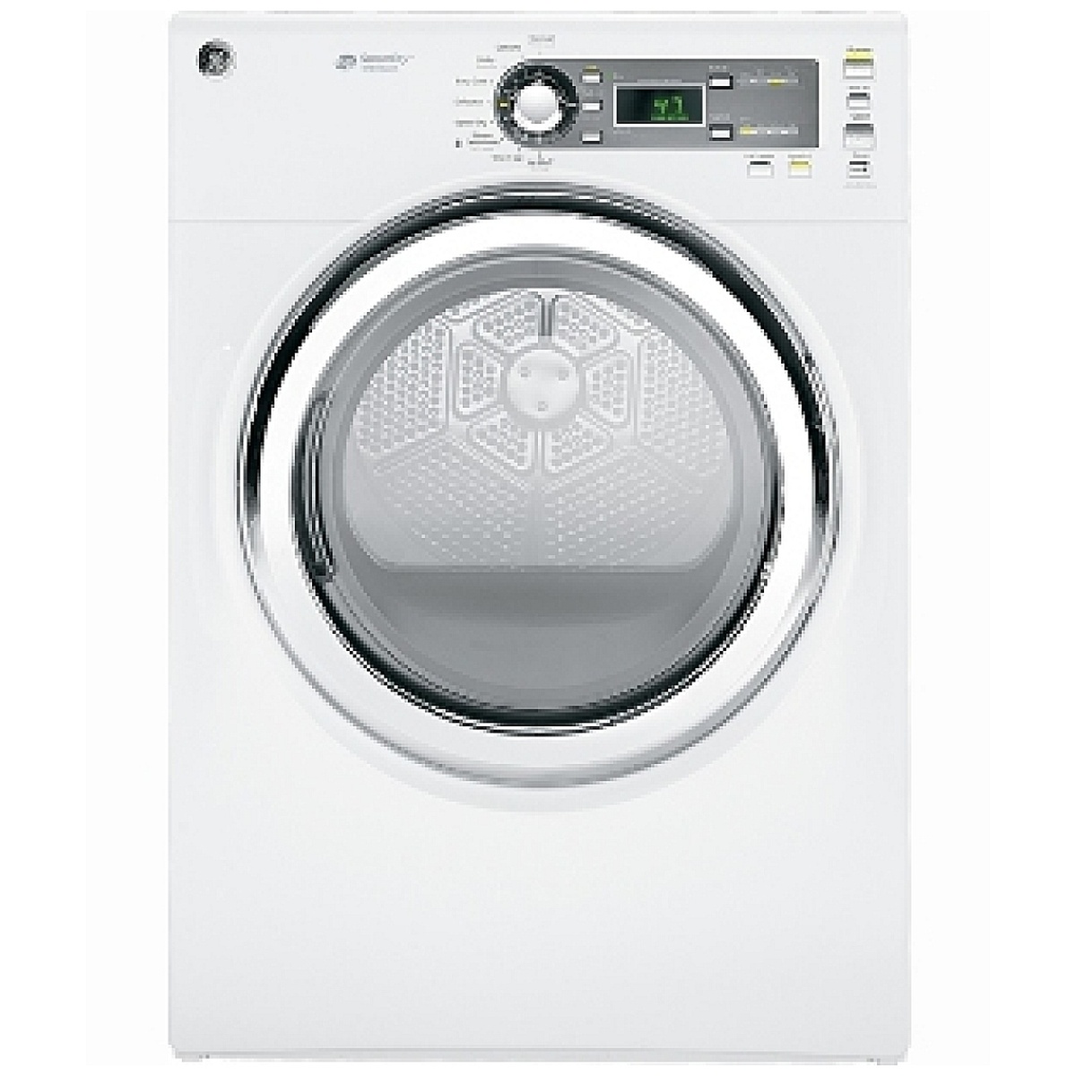 GE GFMS150EDWW white front-load electric dryer with chrome door ring and rotary-electronic control panel