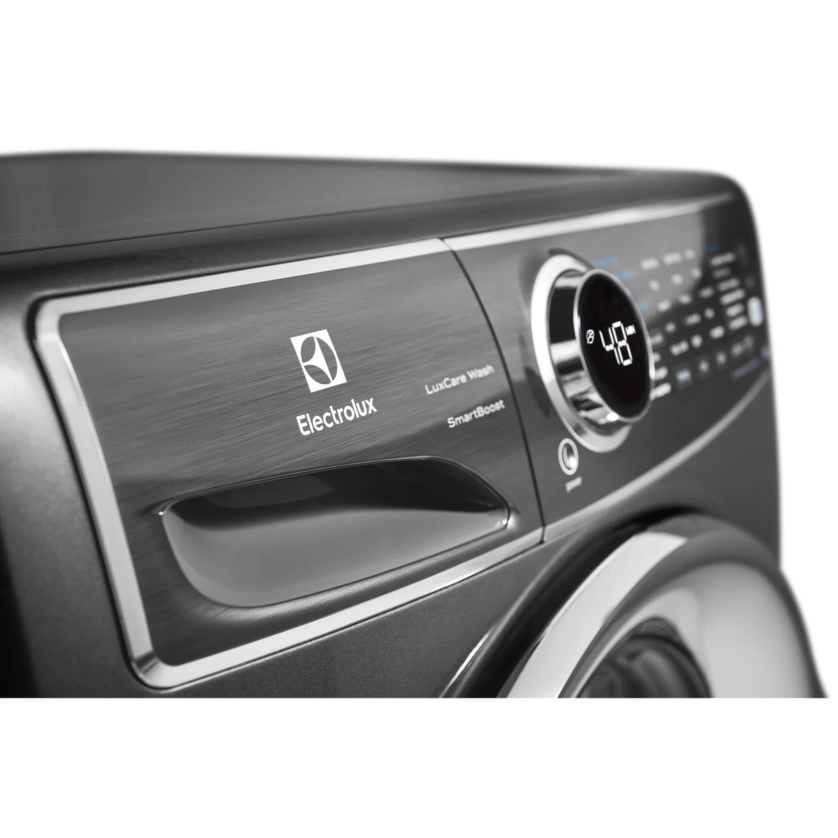 Close-up of the Electrolux EFLS627UTT control panel showing LuxCare Wash and SmartBoost branding with LED cycle display