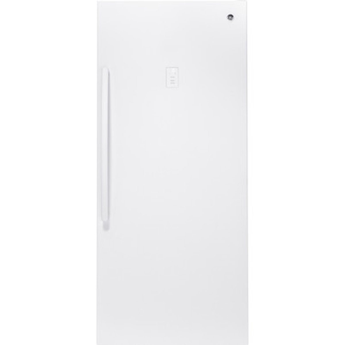 GE FUF21DLRWW white upright freezer, front view showing smooth steel door, reach-through handle, and GE logo