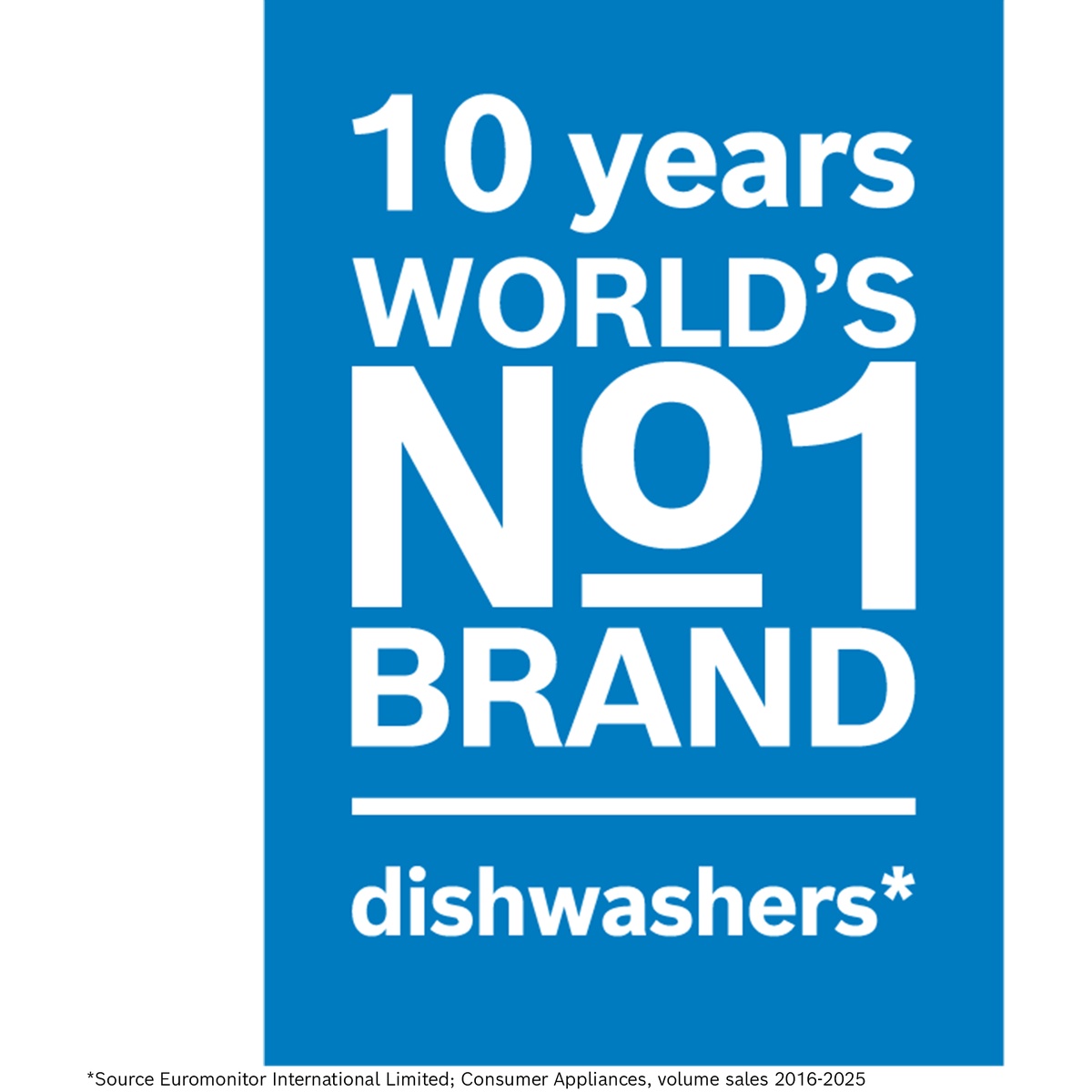 Blue graphic stating Bosch has been the world's number one dishwasher brand for 10 consecutive years, according to Euromonitor International volume sales data 2016 to 2025