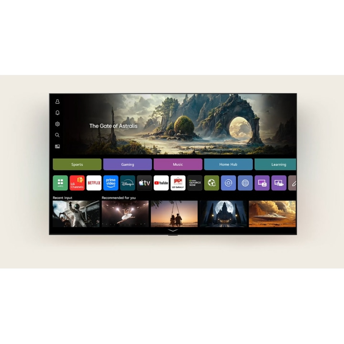 LG OLED evo G6 TV displaying the webOS smart home interface with streaming apps, content categories including Sports, Gaming, Music, and Home Hub, and personalised content recommendations