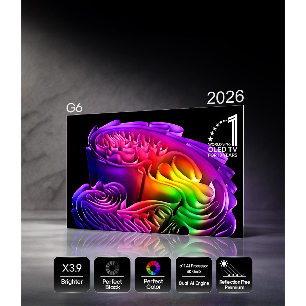 LG OLED evo G6 2026 TV shown at an angle displaying vivid rainbow colours, with feature badges for X3.9 Brighter, Perfect Black, Perfect Color, alpha 11 AI Processor 4K Gen3, and Reflection Free Premium