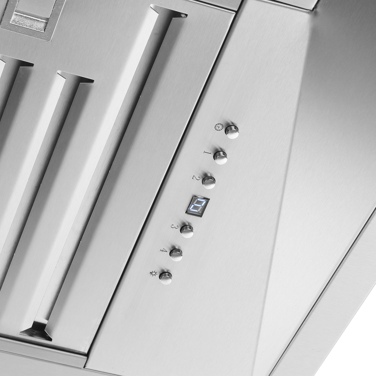 Close-up of the Forno Altilia 48-inch insert range hood control panel showing push-button speed selectors numbered 1 through 4, a timer button, a light button, and a small digital speed indicator display