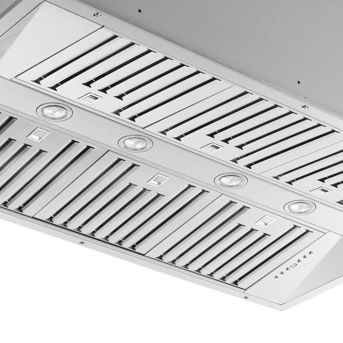 Underside view of the Forno Altilia 48-inch insert range hood showing stainless steel baffle filters and multiple built-in LED light fixtures distributed across the cooking surface